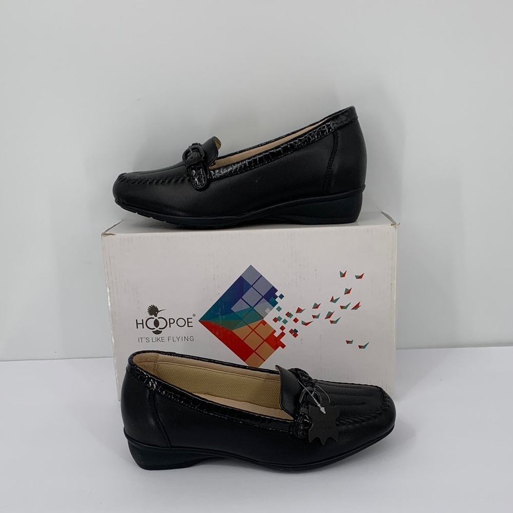 Hoopoe Claire comfort flats Ortho-lite black leather braided strap new 11 XW EE